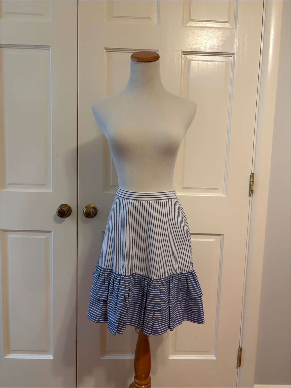 J. Crew Blue and White Striped Midi Tiered Skirt with pockets